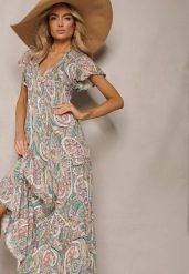 Zielona Rozkloszowana Sukienka Maxi na Guziki Ozdobiona Etnicznym Wzorem Kleriala. Zielone sukienki Renee, na imprezę, l, bez wzorów, boho, bez kołnierzyka, bez ramiączek, maxi, rozkloszowane. W wyprzedaży za 67.99 zł.