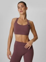 4F Biustonosz treningowy ze średnim wsparciem damski - brązowy L. Brązowe biustonosze sportowe 4f, bez wzorów, z gumy, na fitness i siłownię. Za 179.99 zł.