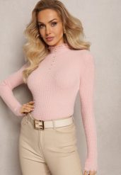 Różowy Wełniany Golf na Perłowe Guziki z Ozdobną Koronką Hejsunna. Czerwone swetry Renee, bez wzorów, z dzianiny, bez ramiączek. Za 34.99 zł.