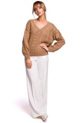 Sweter z Dekoltem w Serek - Beżowy. Brązowe swetry MOE, l, bez wzorów, z materiału, bez ramiączek. Za 209.90 zł.