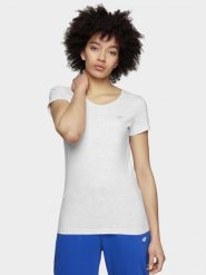 4F T-shirt slim gładki damski M. Białe t-shirty 4f, m, bez wzorów, z bawełny, biznesowe, bez kołnierzyka, bez ramiączek. W wyprzedaży za 39.99 zł.