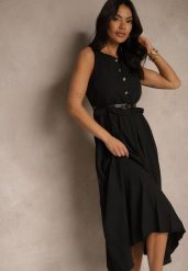 Czarna Plisowana Sukienka o Rozkloszowanym Kroju Bez Rękawów z Paskiem z Klamrą Iffule. Czarne sukienki Renee, na spotkanie biznesowe, m, bez wzorów, eleganckie, bez kołnierzyka, bez ramiączek, maxi, rozkloszowane. W wyprzedaży za 111.99 zł.
