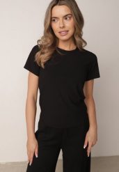 Czarny Gładki T-shirt w Klasycznym Stylu Salodone. Czarne t-shirty Born2be, m, bez wzorów, z jeansu, klasyczne, bez kołnierzyka, bez ramiączek. Za 39.99 zł.