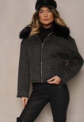 Czarna Elegancka Kurtka z Kołnierzem z Futerka i Błyszczącą Nicią Vertilora. Czarne kurtki Renee, l, bez wzorów, eleganckie, bez kaptura. W wyprzedaży za 136.49 zł.