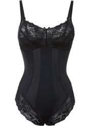 Body shape, średni stopień modelowania sylwetki. Czarne body i gorsety bonprix, bez wzorów, z koronki, bez ramiączek. Za 124.99 zł.