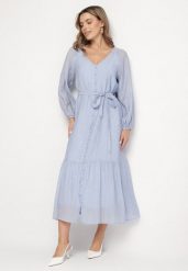 Niebieska Wiskozowa Sukienka Koszulowa o Rozkloszowanym Kroju Wiązana w Talii Frollio. Niebieskie sukienki Born2be, na co dzień, m, bez wzorów, z wiskozy, eleganckie, bez kołnierzyka, bez ramiączek, maxi, koszulowe. W wyprzedaży za 144.49 zł.