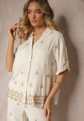 Biało-Beżowa Luźna Koszula z Wzorem Boho z Lnu i Wiskozy Karisna. Białe koszule Renee, m, bez wzorów, z jeansu, boho, bez kołnierzyka, bez ramiączek. W wyprzedaży za 83.99 zł.