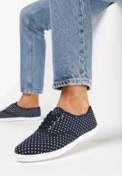 Granatowe Tenisówki w Kropki przed Kostkę Renormia. Niebieskie trampki Born2be, bez wzorów, przed kostkę, bez zapięcia. W wyprzedaży za 33.99 zł.