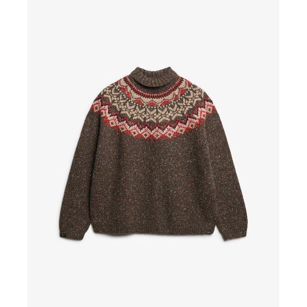 Sweter z golfem damski w jaquardzie Superdry. Brązowe swetry Superdry, xl, bez wzorów, prążkowane, eleganckie, bez ramiączek. Za 413.45 zł.