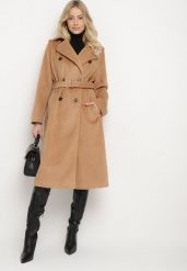 CIemnobeżowy Długi Dwurzędowy Płaszcz z Paskiem Senoriel. Brązowe płaszcze Born2be, na zimę, m, bez wzorów, z jeansu, eleganckie, bez kaptura. Za 139.99 zł.