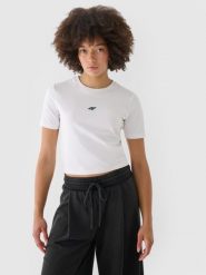 4F T-shirt slim cropped damski - biały L. Białe t-shirty 4f, l, bez wzorów, z bawełny, sportowe, bez kołnierzyka, bez ramiączek. W wyprzedaży za 29.99 zł.