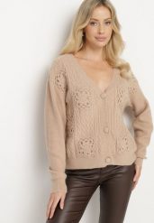Ciemnobeżowy Rozpinany Kardigan z Ażurowym Wzorem Jolila. Brązowe swetry Born2be, uniwersalny, w ażurowe wzory, eleganckie, bez ramiączek. W wyprzedaży za 127.49 zł.