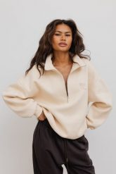 Bluza oversize z zamkiem w kolorze BISQUIT - STATE-UNI. Brązowe bluzy Marsala, bez wzorów, z bawełny, eleganckie, bez ramiączek, bez kaptura. Za 299.90 zł.