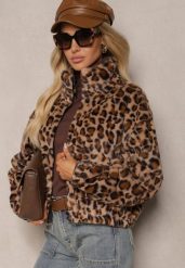 Brązowa Futerkowa Kurtka w Panterkowy Print o Klasycznym Kroju ze Stójką i Kieszeniami Belabine. Brązowe kurtki Renee, l, bez wzorów, z jeansu, eleganckie, bez kaptura. W wyprzedaży za 38.49 zł.