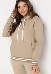 Beżowa Bawełniana Bluza z Kapturem i Ściągaczami w Paski Nempis. Brązowe bluzy Born2be, na zimę, bez wzorów, z bawełny, casualowe, bez ramiączek, z kapturem. W wyprzedaży za 93.49 zł.