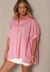 Różowa Koszula z Bawełny Oversize Zienessa. Czerwone koszule Renee, bez wzorów, z bawełny, eleganckie, bez kołnierzyka, bez ramiączek. W wyprzedaży za 83.99 zł.