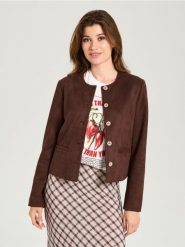 Elegancka kurtka z imitacji zamszu i ozdobnymi guzikami - brązowy. Brązowe kurtki Sinsay, l, bez wzorów, eleganckie, bez kaptura. Za 69.99 zł.