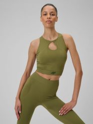 4F Top do jogi slim szybkoschnący damski - oliwkowy M/L. Brązowe topy 4f, l, bez wzorów, z włókna, klasyczne, bez kołnierzyka, bez ramiączek. Za 119.99 zł.