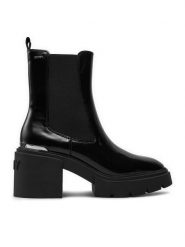 DKNY Botki Thana K4477867 Czarny. Czarne botki DKNY, bez wzorów, z lakierowanej skóry, bez obcasa, na słupku, bez zapięcia. Za 459.99 zł.