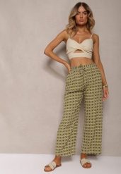 Zielone Wiskozowe Spodnie z Gumką w Pasie i Szerokimi Nogawkami Ianita. Zielone jeansy Renee, l, bez wzorów, z jeansu. W wyprzedaży za 29.99 zł.