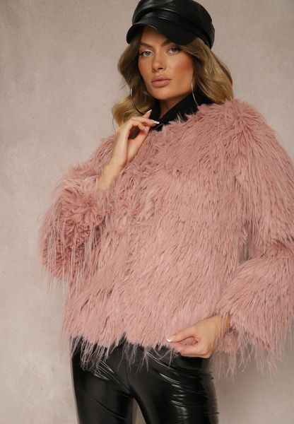 Różowa Futerkowa Kurtka o Prostym Kroju z Zapięciem na Haftki Sialithiel. Czerwone kurtki Renee, l, bez wzorów, eleganckie, bez kaptura. Za 179.99 zł.