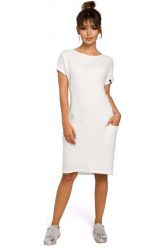 Dresowa Ecru Sukienka Mini z Kieszeniami w Szwach. Czerwone sukienki MOE, l, bez wzorów, z bawełny, bez kołnierzyka, bez ramiączek, mini. Za 239.90 zł.