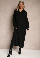 Czarna Sweterkowa Sukienka z Wiskozą o Pudełkowym Kroju Ozdobiona Kołnierzykiem Clarinnae. Czarne sukienki Renee, bez wzorów, z wiskozy, eleganckie, bez kołnierzyka, bez ramiączek, maxi, kopertowe. W wyprzedaży za 111.99 zł.