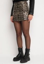 Brązowe Spódnico-Spodenki High Waist z Imitacji Skóry w Panterkę z Dodatkowym Paskiem Aveledi. Brązowe szorty Born2be, z aplikacjami, ze skóry, biznesowe. W wyprzedaży za 127.49 zł.