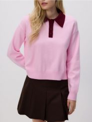 Sweter polo z wiskozą - różowy. Czerwone swetry Reserved, l, bez wzorów, z dzianiny, bez ramiączek. Za 129.99 zł.