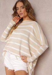Beżowy Oversizowy Sweter z Rękawami o Fasonie Nietoperz i Wzorem w Paski Eistauma. Brązowe swetry Renee, bez wzorów, casualowe, bez ramiączek. W wyprzedaży za 91.99 zł.