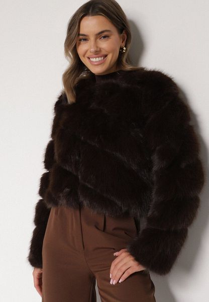 Brązowa Krótka Kurtka z Futerkiem na Haftki Loreinda. Brązowe kurtki Born2be, bez wzorów, z jeansu, eleganckie, bez kaptura. Za 299.99 zł.