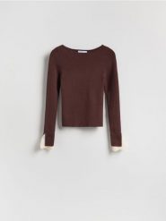 Bluzka z ozdobną wstawką - ciemnobrązowy. Brązowe bluzki Reserved, l, bez wzorów, z dzianiny, bez kołnierzyka, bez ramiączek. Za 99.99 zł.