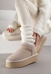 Beżowe Wsuwane Śniegowce z Zamszu Naturalnego na Grubej Podeszwie Mevilira. Brązowe śniegowce Renee, bez wzorów, z dzianiny, bez zapięcia. Za 169.99 zł.