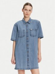 Guess Sukienka jeansowa W5GK99 D5M81 Niebieski Regular Fit. Niebieskie sukienki Guess, m, z aplikacjami, z bawełny, bez kołnierzyka, bez ramiączek. Za 307.00 zł.