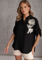 Czarna Nietoperzowa Koszula z Wiskozy z Podpinanymi Rękawami i Haftem Adreaneh. Czarne koszule Renee, l, bez wzorów, z materiału, casualowe, bez kołnierzyka, plus size, bez ramiączek. Za 69.99 zł.