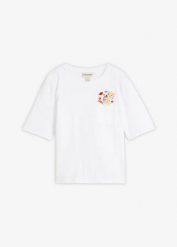 T-shirt z czystej bawełny organicznej, z haftem. Białe t-shirty bonprix, bez wzorów, z bawełny, bez kołnierzyka, bez ramiączek. Za 49.99 zł.