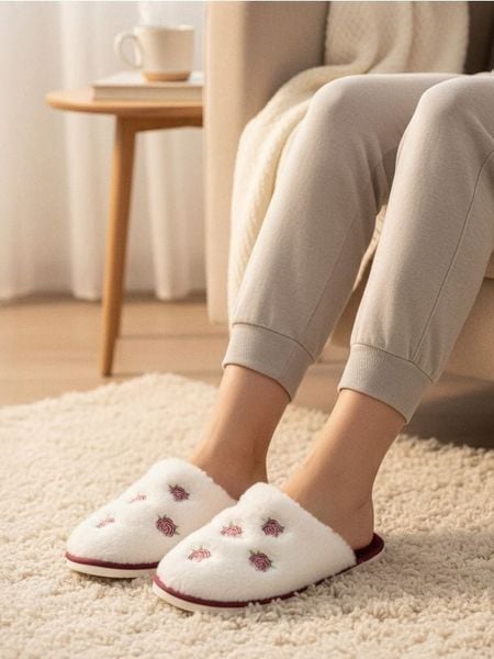 Kapcie ze sztucznym futerkiem i kwiatowym haftem - kremowy. Białe kapcie Sinsay, bez wzorów. Za 25.99 zł.