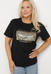 Czarny T-shirt Bawełniany Ozdobiony Cekinami Lirenell. Czarne t-shirty Born2be, xl, bez wzorów, z bawełny, biznesowe, bez kołnierzyka, bez ramiączek. W wyprzedaży za 38.24 zł.