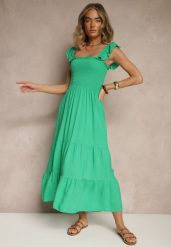 Zielona Sukienka z Bawełny na Ramiączkach Ozdobiona Falbanami i Gumkami Mevalys. Zielone sukienki Renee, na imprezę, l, bez wzorów, z bawełny, eleganckie, bez kołnierzyka, bez ramiączek, maxi, rozkloszowane. W wyprzedaży za 39.99 zł.