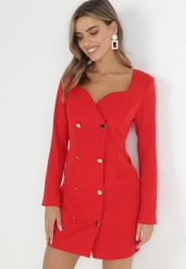 Czerwona Sukienka Marynarka Taliowana z Guzikami Genzana. Czerwone marynarki i żakiety Born2be, m, bez wzorów, eleganckie, bez ramiączek. W wyprzedaży za 186.99 zł.