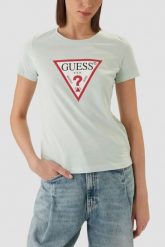 GUESS Miętowy bawełniany t-shirt damski na krótki rękaw Original, Rozmiar XS. Zielone t-shirty Guess, uniwersalny, z aplikacjami, z bawełny, klasyczne, bez kołnierzyka, bez ramiączek. W wyprzedaży za 89.99 zł.