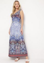 Niebieska Sukienka Boho na Lato ze Sznurkami na Ramionach i Gumką w Talii Aharleta. Niebieskie sukienki Born2be, l, bez wzorów, boho, bez kołnierzyka, bez ramiączek, maxi. Za 79.99 zł.