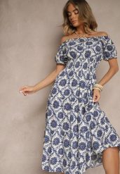 Niebieska Sukienka z Bawełną Ozdobiona Bufiastymi Rękawami Revalle. Niebieskie sukienki Renee, do pracy, l, bez wzorów, z bawełny, biznesowe, bez kołnierzyka, bez ramiączek, midi, proste. W wyprzedaży za 63.99 zł.