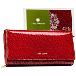 Skórzany, czerwony portfel damski ze wzorem imitującym gadzią skórę, zamykany na zatrzask PTN 42106-DSL Peterson. Czerwone portfele Peterson, bez wzorów, ze skóry. Za 149.99 zł.