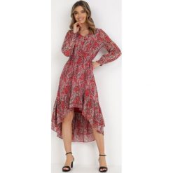 Czerwona Sukienka Eidousa. Czerwone sukienki Born2be, na imprezę, l, z aplikacjami, z tkaniny, z asymetrycznym kołnierzem, bez ramiączek, midi, asymetryczne. W wyprzedaży za 103.99 zł.