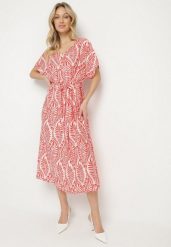 Czerwona Wiskozowa Sukienka w Liście z Ozdobnym Paskiem Evelozi. Czerwone sukienki Born2be, na co dzień, l, bez wzorów, z wiskozy, eleganckie, bez kołnierzyka, bez ramiączek, maxi, proste. W wyprzedaży za 76.49 zł.