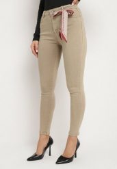 Beżowe Spodnie Skinny z Wysokim Stanem i Kokardką przy Pasie Diorene. Brązowe jeansy Born2be, xl, bez wzorów, z jeansu, z podwyższonym stanem. W wyprzedaży za 50.99 zł.