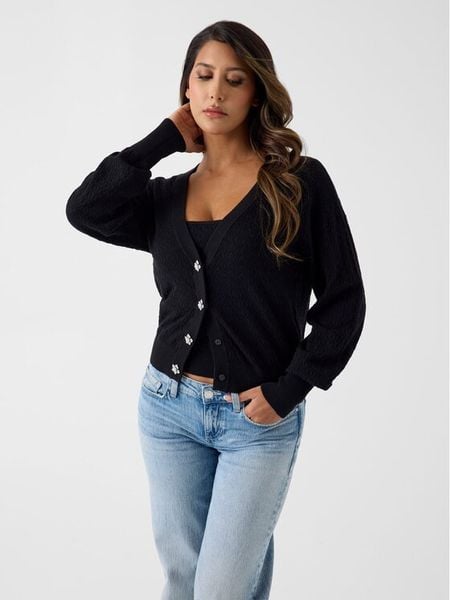 Guess Kardigan W6YR14 Z0955 Czarny Regular Fit. Czarne swetry Guess, l, z aplikacjami, z wiskozy, bez ramiączek. Za 434.99 zł.