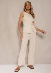 Jasnobeżowe Spodnie z Wiskozy High Waist Ozdobione Paskami Linariena. Brązowe jeansy Renee, l, bez wzorów, z jeansu, eleganckie, z podwyższonym stanem. W wyprzedaży za 39.99 zł.
