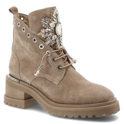 Botki damskie Alma en Pena, skórzane na klocku bogato zdobione wsuwane za kostkę, beżowe, I251187. Brązowe botki Alma En Pena, z aplikacjami, eleganckie, za kostkę, bez obcasa, na obcasie, bez zapięcia. Za 609.00 zł.